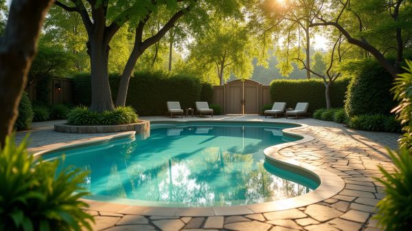 Piscine avec plage en coque polyester : détente et élégance au jardin