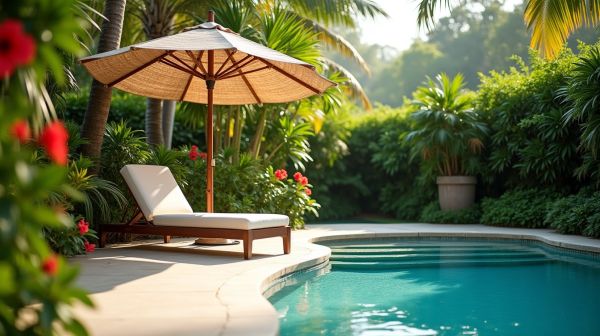 Piscine avec plage en coque polyester : détente et élégance au jardin